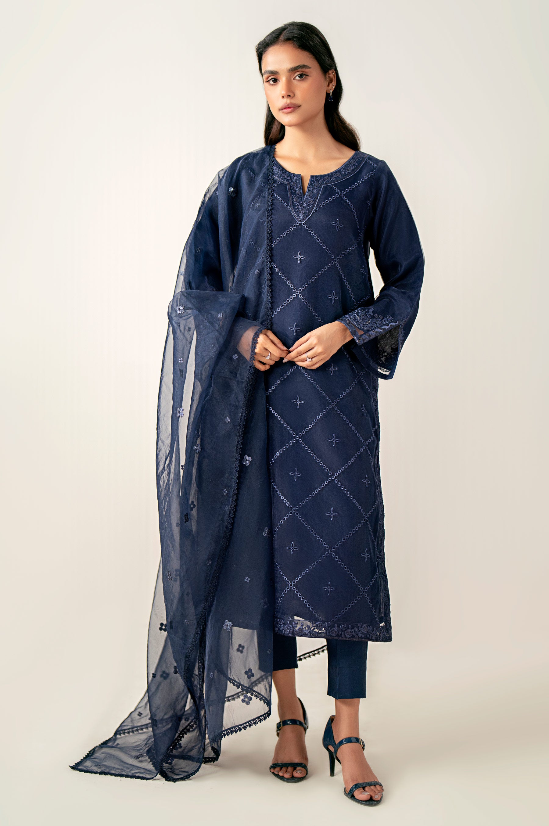 Stitched 3 Piece Embroidered Organza Suit